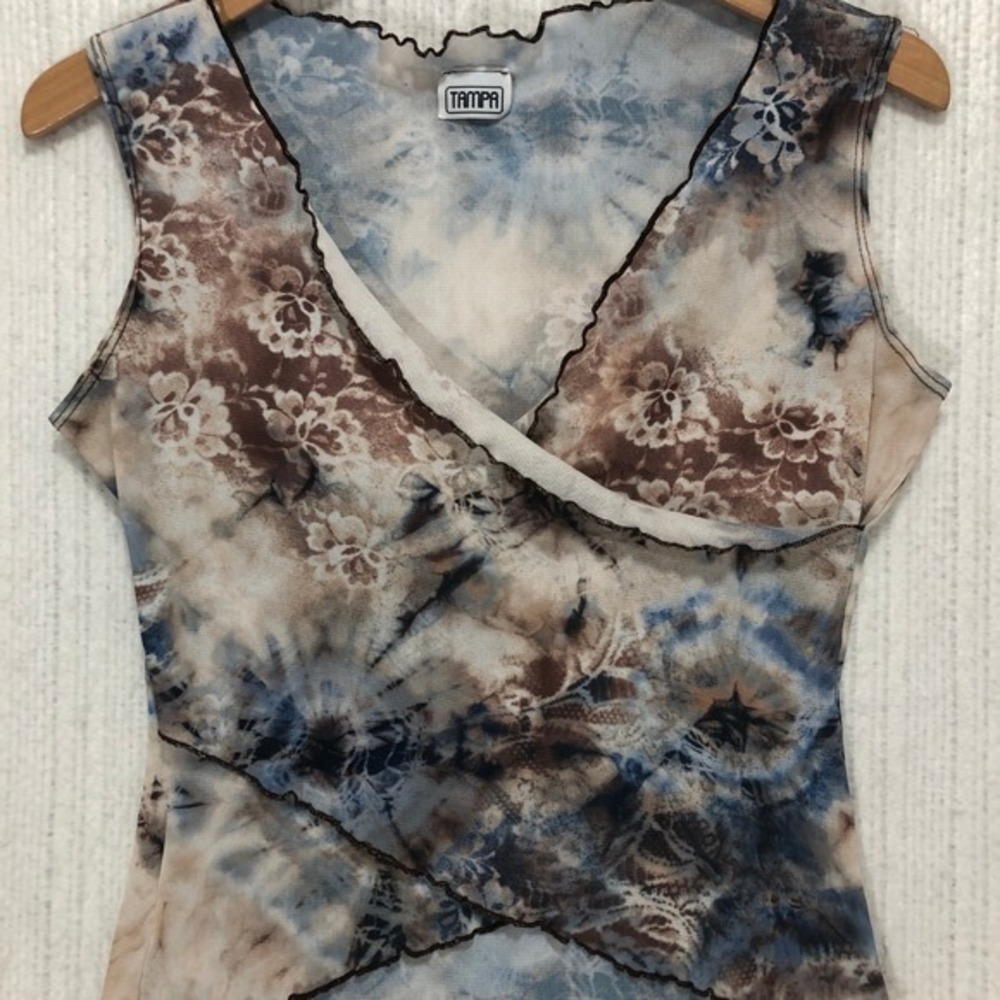 Tampa Vintage‎ Y2K Mesh Tie Dye Floral Faux Wrap Lettuce Trim Tank Top Medium